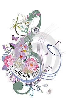 Abstract treble clef decorated with summer and spring flowers, palm leaves, notes, birds.